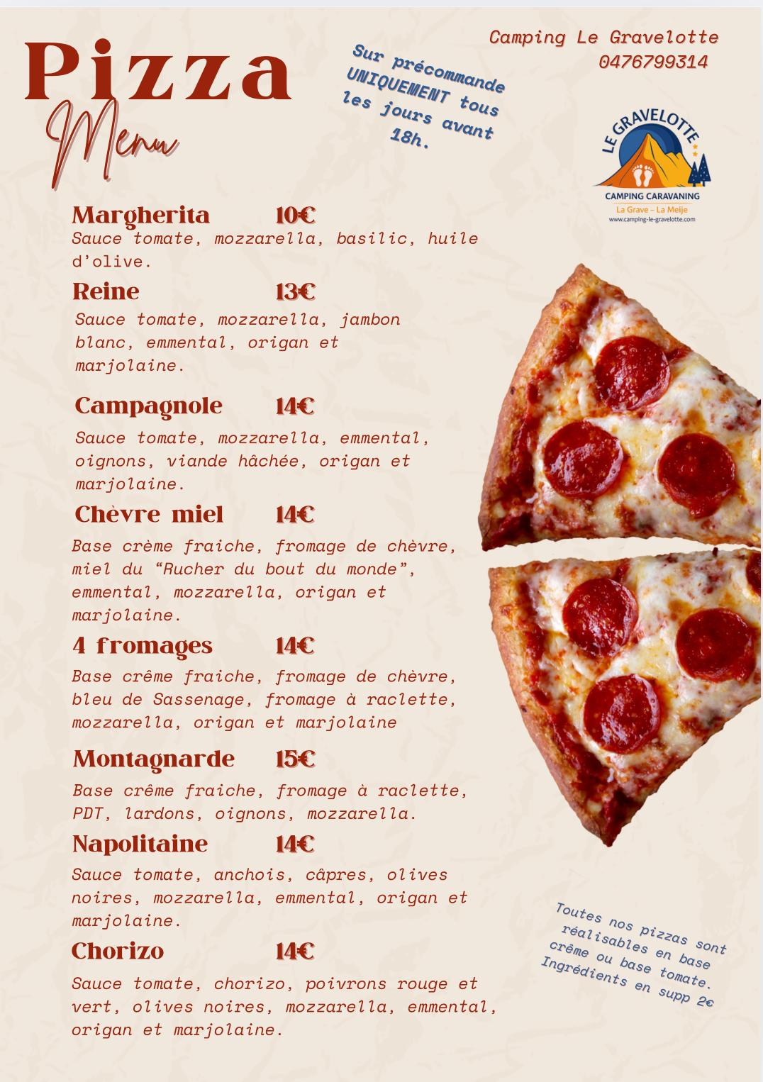 Carta de pizzas al horno de leña del camping Le Gravelotte
